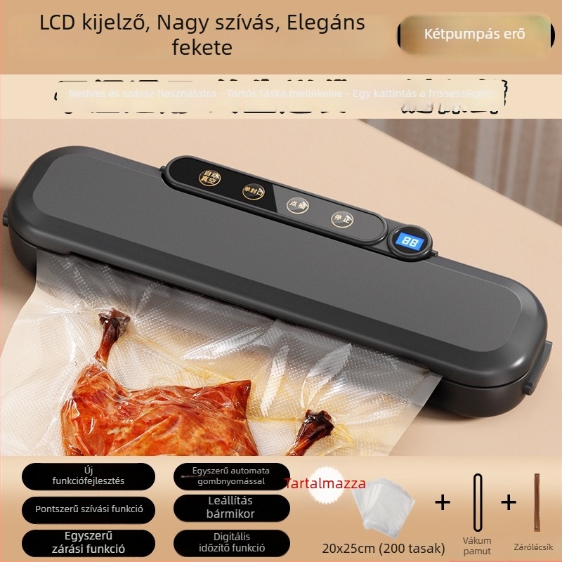 Otthoni vákuumzáró készülék élelmiszerek csomagolásához, ABS műanyag, 30 cm átmérő, 110 W, 220 V, kapacitás 1501-2000 ml