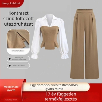 Női őszi-téli két részes kosztüm, felső ing-stílusú, hosszú ujjú, egyszínű poliészter