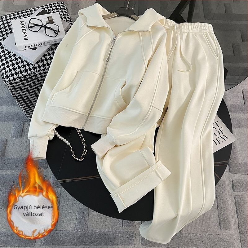 Salt Style női casual sport szett kék színben, kapucnis pulóver fleece béléssel és vastag, széles lábú nadrágokkal, két darabos ősz-tél
