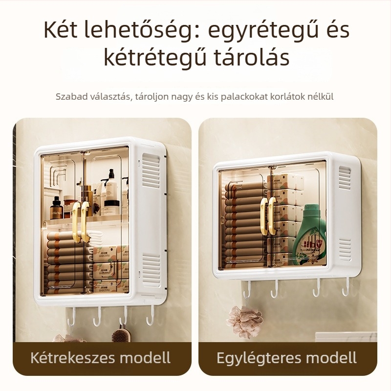 Fali fürdőszobai tároló fúrás nélkül, porálló rekesz — PP anyag, modell 3902, 1 réteg, felület: spray-plasztik