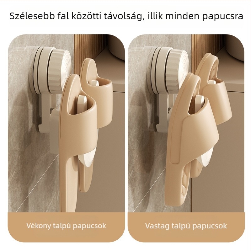 Fali, fúrás nélkül szerelhető papucsos tartó, drenázs kampóval, műanyagból, 1 kg teherbírás, fürdőszobai tároló