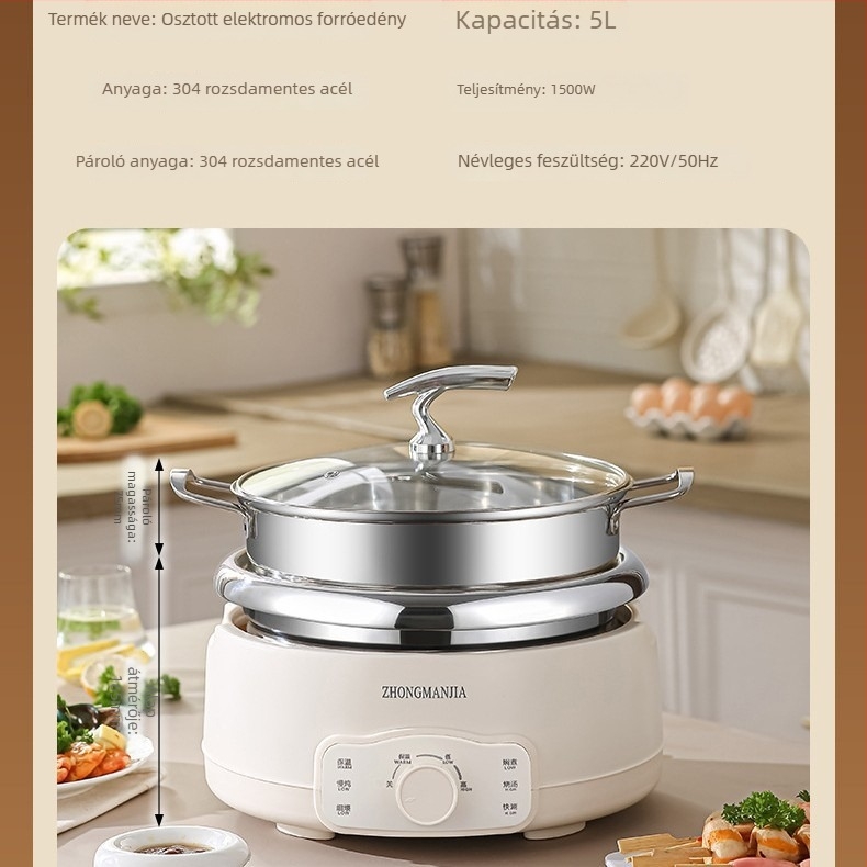 304 rozsdamentes acél belső edényes elektromos forrófazék, szétválasztható kivitel, 1200–1500 W, 5–6 L, anti-dry funkció, shabu-shabu és grill, otthoni használatra