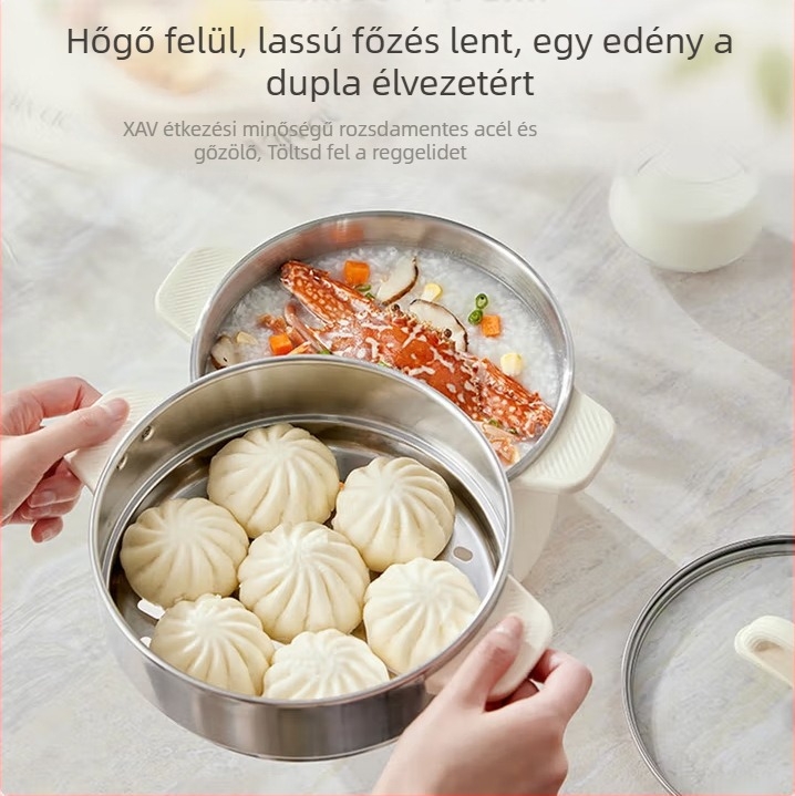 Elektromos forróedény rozsdamentes acél belső tálcával, kapacitás 2.1–4 L, kétszintes kialakítás, gombos vezérlés, gyors gőzölés