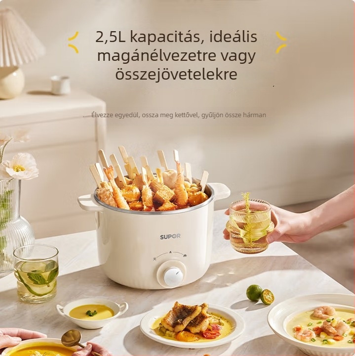 Elektromos forróedény rozsdamentes acél belső tálcával, kapacitás 2.1–4 L, kétszintes kialakítás, gombos vezérlés, gyors gőzölés