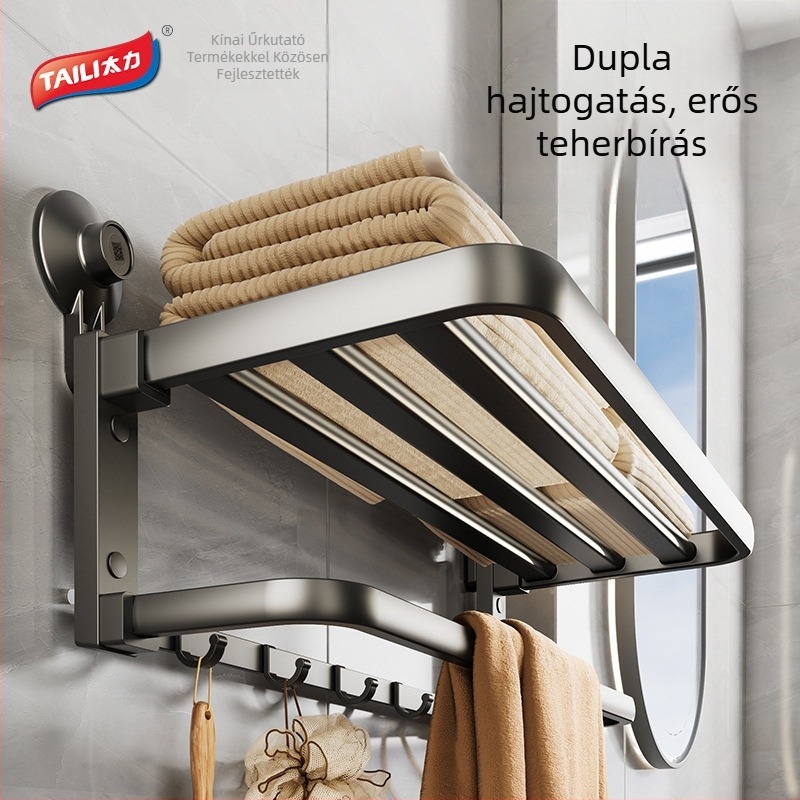 Fürdőszobai törölközőtartó, dupla rúd, fúrás nélkül, összecsukható, alumínium AW837