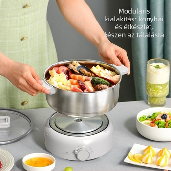Megosztott elektromos forró fazék, legfeljebb 800W, 2–3 L kapacitás, rozsdamentes acél test és belső edény, szárazság elleni funkció