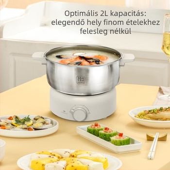 Megosztott elektromos forró fazék, legfeljebb 800W, 2–3 L kapacitás, rozsdamentes acél test és belső edény, szárazság elleni funkció