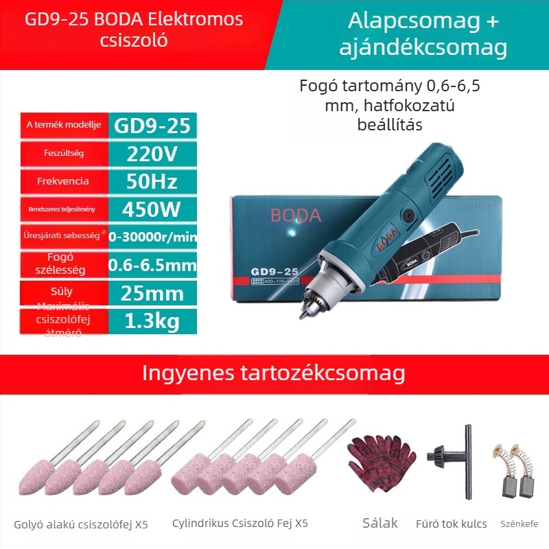 Boda elektromos csiszoló-polírozó eszköz kőhöz, jádéhez és fa faragáshoz — állítható sebesség, 220 V, 2,5 m kábel, 1,8 kg