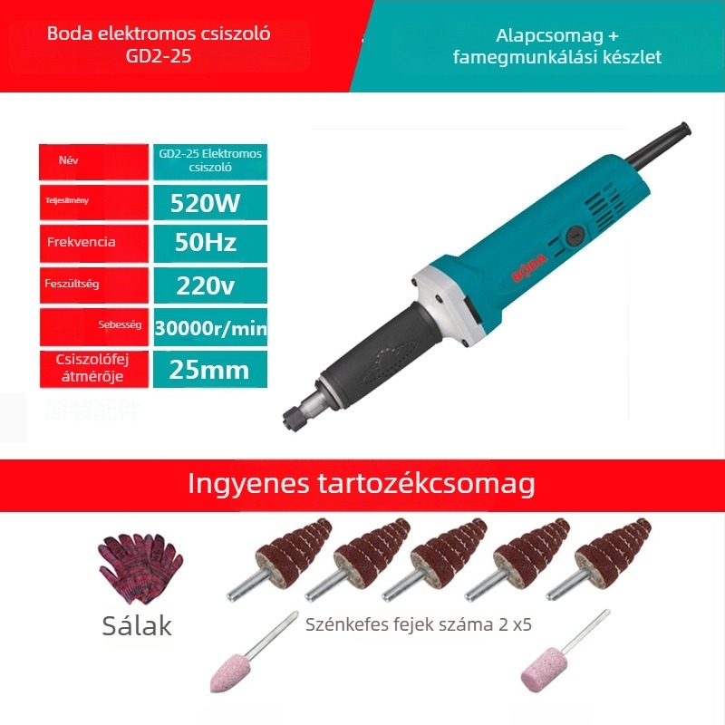 Boda elektromos csiszoló-polírozó eszköz kőhöz, jádéhez és fa faragáshoz — állítható sebesség, 220 V, 2,5 m kábel, 1,8 kg