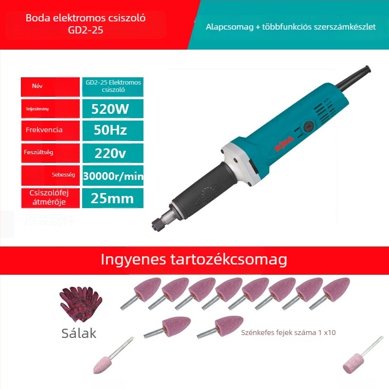 Boda elektromos csiszoló-polírozó eszköz kőhöz, jádéhez és fa faragáshoz — állítható sebesség, 220 V, 2,5 m kábel, 1,8 kg