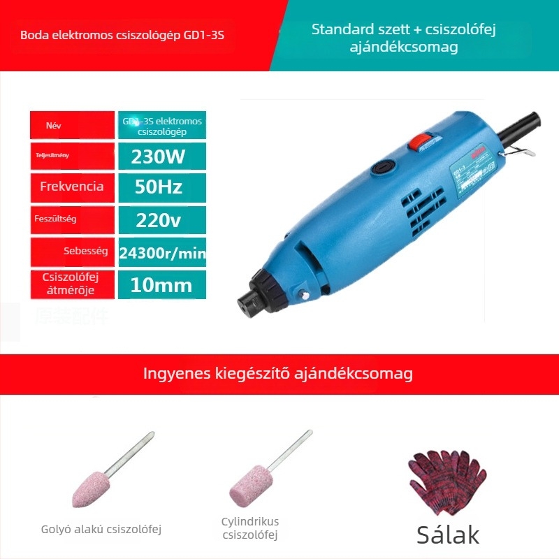 Boda elektromos csiszoló-polírozó eszköz kőhöz, jádéhez és fa faragáshoz — állítható sebesség, 220 V, 2,5 m kábel, 1,8 kg