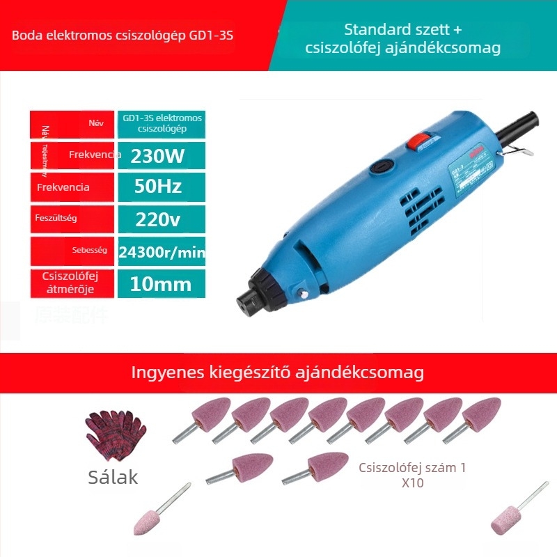 Boda elektromos csiszoló-polírozó eszköz kőhöz, jádéhez és fa faragáshoz — állítható sebesség, 220 V, 2,5 m kábel, 1,8 kg