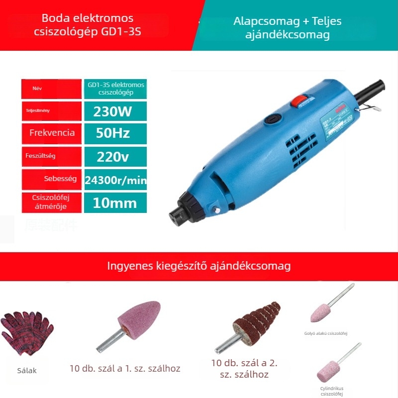 Boda elektromos csiszoló-polírozó eszköz kőhöz, jádéhez és fa faragáshoz — állítható sebesség, 220 V, 2,5 m kábel, 1,8 kg