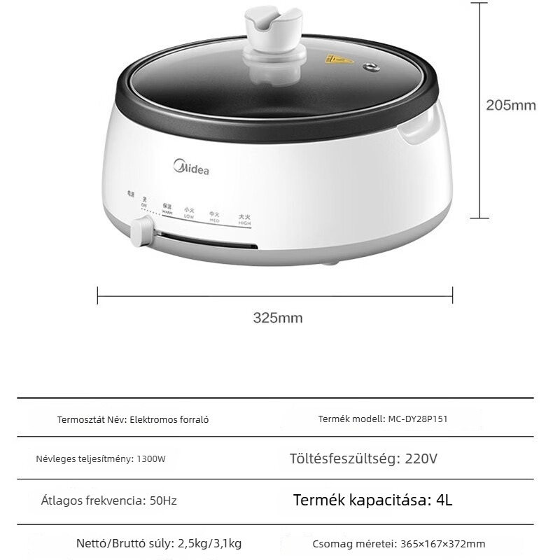 Midea elektromos forró fazék háztartási felhasználásra, 4 L, többfunkciós elektromos wok, könnyen tisztítható DY28P151