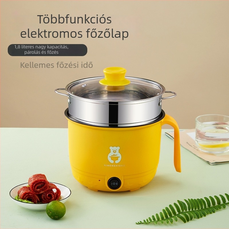 Kollégiumi többfunkciós elektromos fazék, kompakt teljesítmény 800 W alatt, belső rozsdamentes acél edény, tapadásmentes pároló, 1–2 személyre, 1–2 L kapacitás
