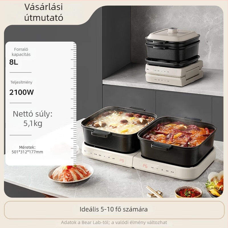 Bear többfunkciós elektromos forróedény, összecsukható és mosható, 6L+ kapacitás, belső edény antiadhéziós bevonattal, mechanikus működtetés, 1500W+