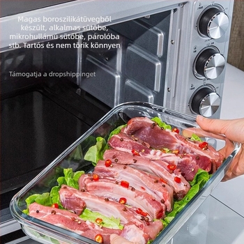 Hosszúkás boroszilát üveg sütőedény — hőálló, használható sütőben és mikróban, halakhoz párolásra és grillre