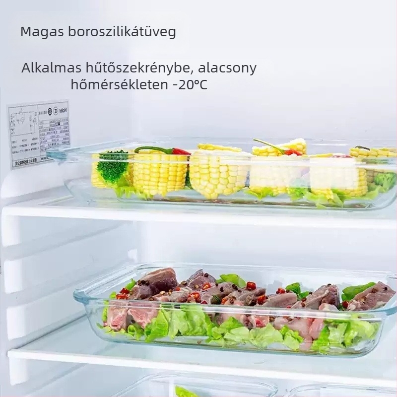 Hosszúkás boroszilát üveg sütőedény — hőálló, használható sütőben és mikróban, halakhoz párolásra és grillre