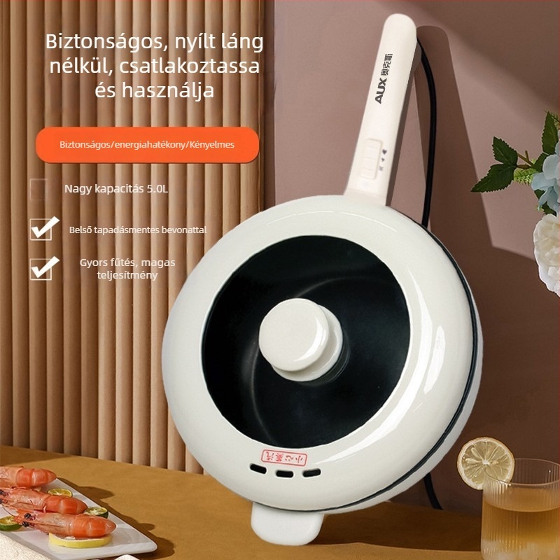 Aux elektromos többfunkciós wok, kapacitás 5–6 L, 1500 W+, belső edény alumínium ötvözet, mechanikus vezérlés, gőzölés, pirítás, forralás, főzés, modell AX-C2829