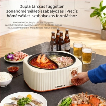 Otthoni elektromos forrófazék kettős edénnyel, elkülönített hőmérséklet-szabályozással és két tekerőgombbal — Yin-Yang fazék