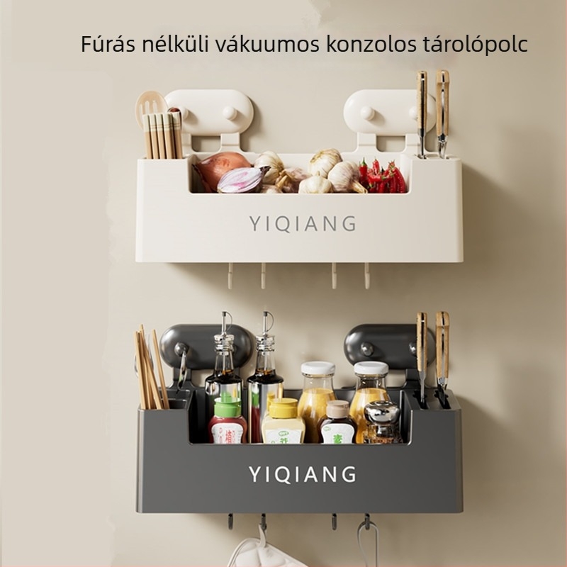 Fali konyhai tároló polc, szívókorongos, lyukmentes kialakítású, műanyagból, multifunkcionális és mozgatható, modern minimalista stílus