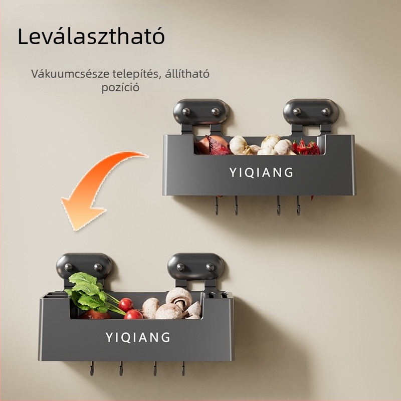 Fali konyhai tároló polc, szívókorongos, lyukmentes kialakítású, műanyagból, multifunkcionális és mozgatható, modern minimalista stílus