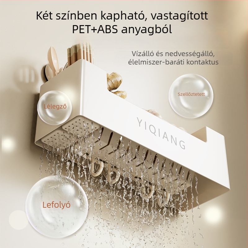 Fali konyhai tároló polc, szívókorongos, lyukmentes kialakítású, műanyagból, multifunkcionális és mozgatható, modern minimalista stílus