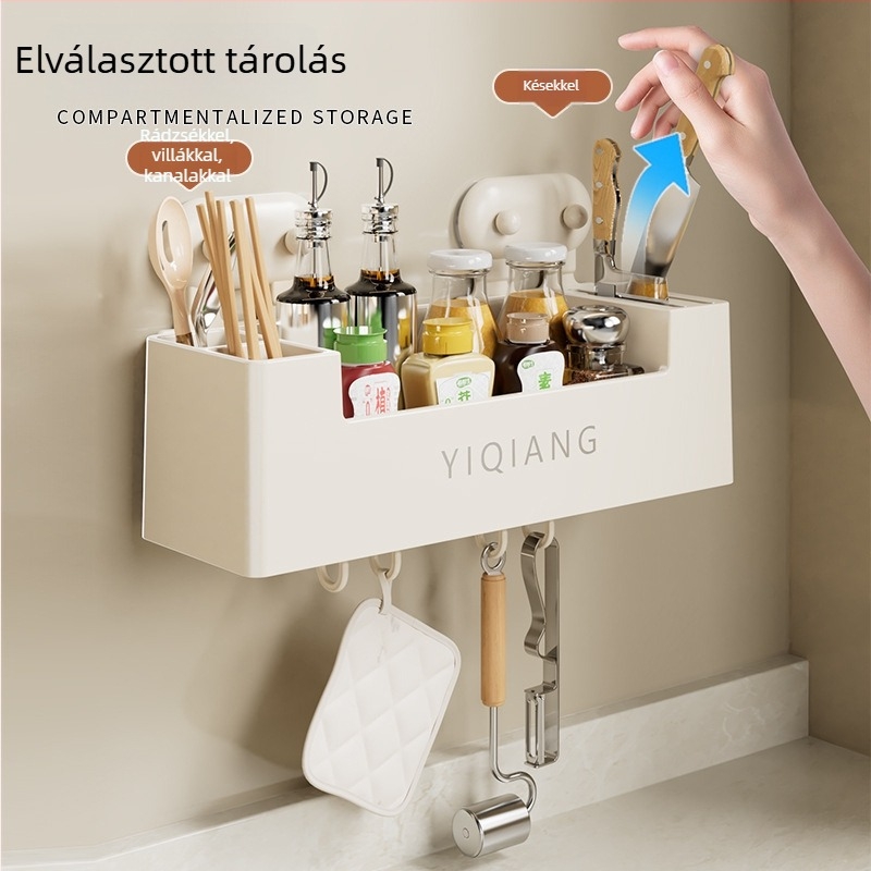 Fali konyhai tároló polc, szívókorongos, lyukmentes kialakítású, műanyagból, multifunkcionális és mozgatható, modern minimalista stílus