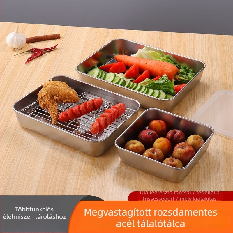 304 rozsdamentes acélból készült mély négyszögletes tál fedővel, ételek tárolására és lecsepegtetésére, sütőedény