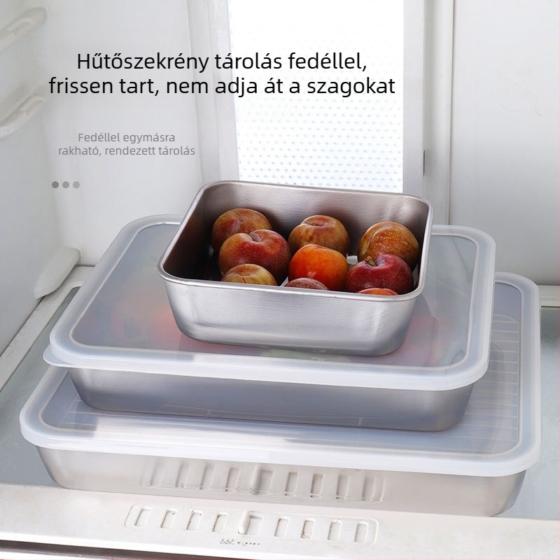 304 rozsdamentes acélból készült mély négyszögletes tál fedővel, ételek tárolására és lecsepegtetésére, sütőedény