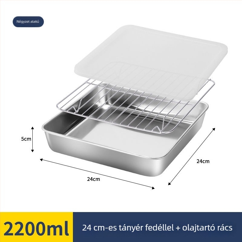 304 rozsdamentes acélból készült mély négyszögletes tál fedővel, ételek tárolására és lecsepegtetésére, sütőedény