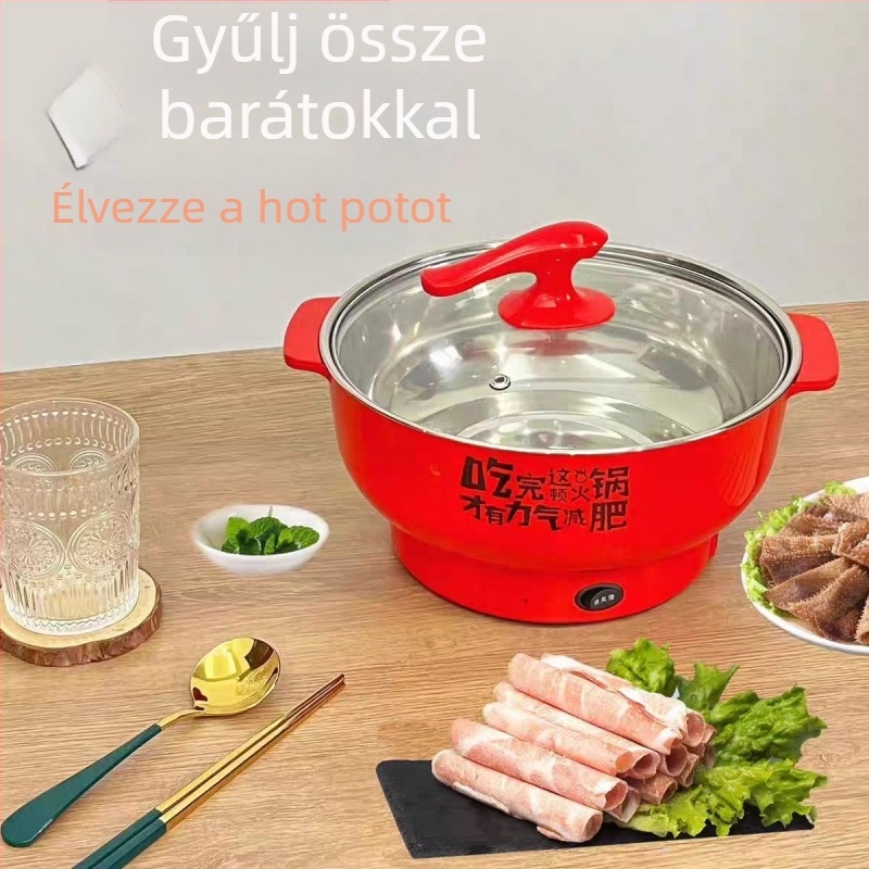 Rozsdamentes acélból készült elektromos forró fazék, kompakt többfunkciós edény, 1–2 L, 800–1000 W, alkalmas Shabu-Shabu, Teppanyaki, sütés és főzés