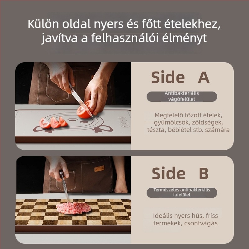 Fából készült vágódeszka – kétoldalas, antibakteriális, penészálló, sakktábla mintázatú, konyhai használatra