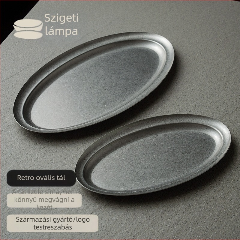 Rozsdamentes acél lapos tál, retro stílus, fényes felület, logó nyomtatás