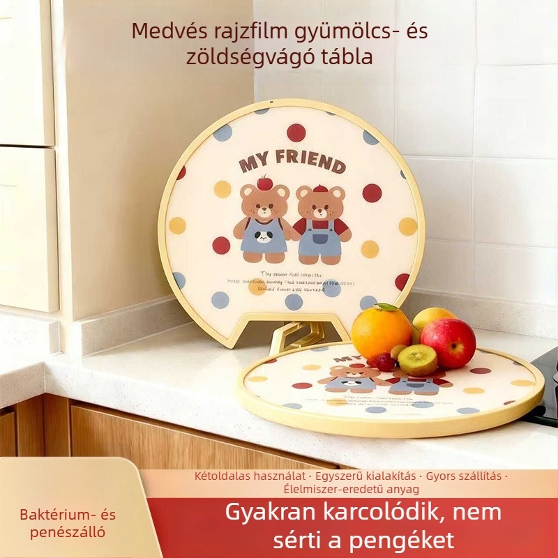 Medvét formázó karikatúra vágódeszka, kétoldalas, műanyag, antibakteriális, bébiételek előkészítéséhez alkalmas.