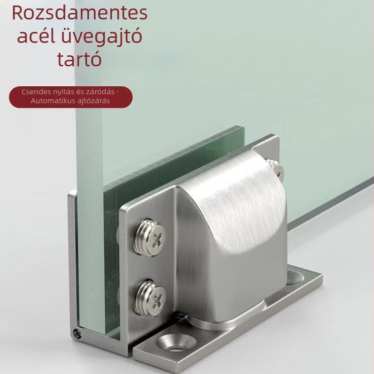 Rozsdamentes acél hidraulikus üvegajtó bilincs – lyukmentes, 5–8 mm üveghez; 304-es rozsdamentes acél; nyitási szög 90°–180°; vitrínék és háziállat-kabinokhoz
