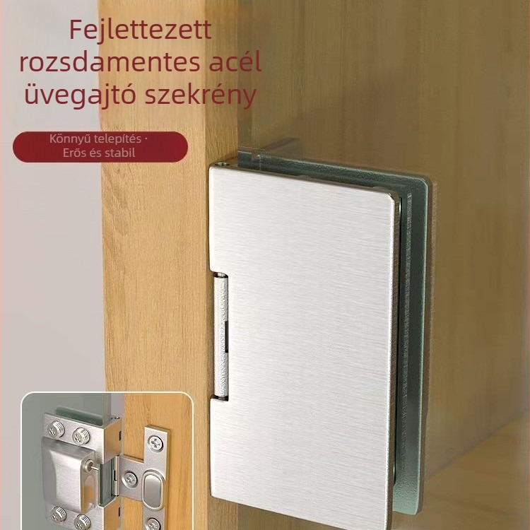 Rozsdamentes acél hidraulikus üvegajtó bilincs – lyukmentes, 5–8 mm üveghez; 304-es rozsdamentes acél; nyitási szög 90°–180°; vitrínék és háziállat-kabinokhoz