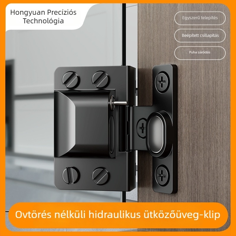 Rozsdamentes acél hidraulikus üvegajtó bilincs – lyukmentes, 5–8 mm üveghez; 304-es rozsdamentes acél; nyitási szög 90°–180°; vitrínék és háziállat-kabinokhoz