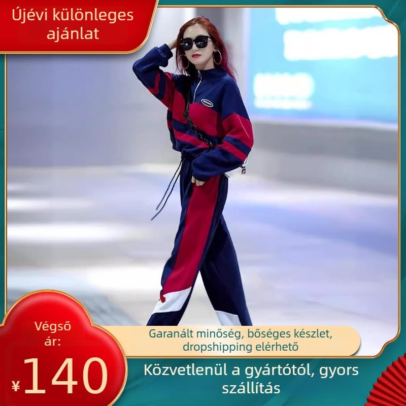 Női pamut két darabos laza öltözet álló gallérral, hosszú ujjú, nadrágos szett, ősz 2023