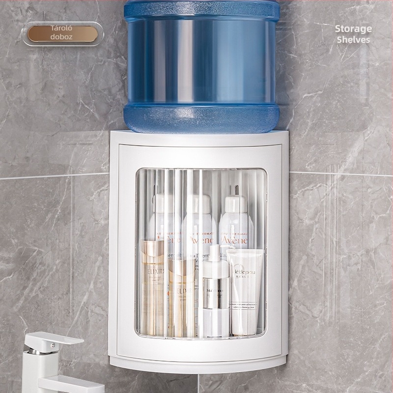 Fürdőszobai forgó falra szerelhető tároló, fúrás nélkül, 1 szint, műanyag, modell F967, terhelhetőség több mint 50 kg
