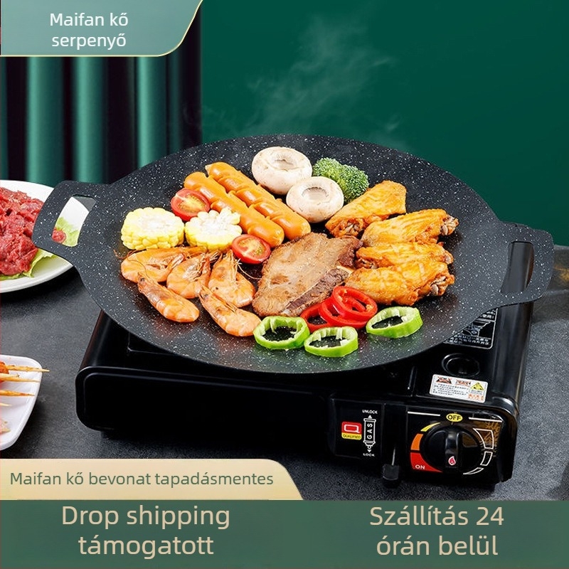 Maifan kő grill serpenyő, kerek, kültéri teppanyaki, füstmentes, 800 g