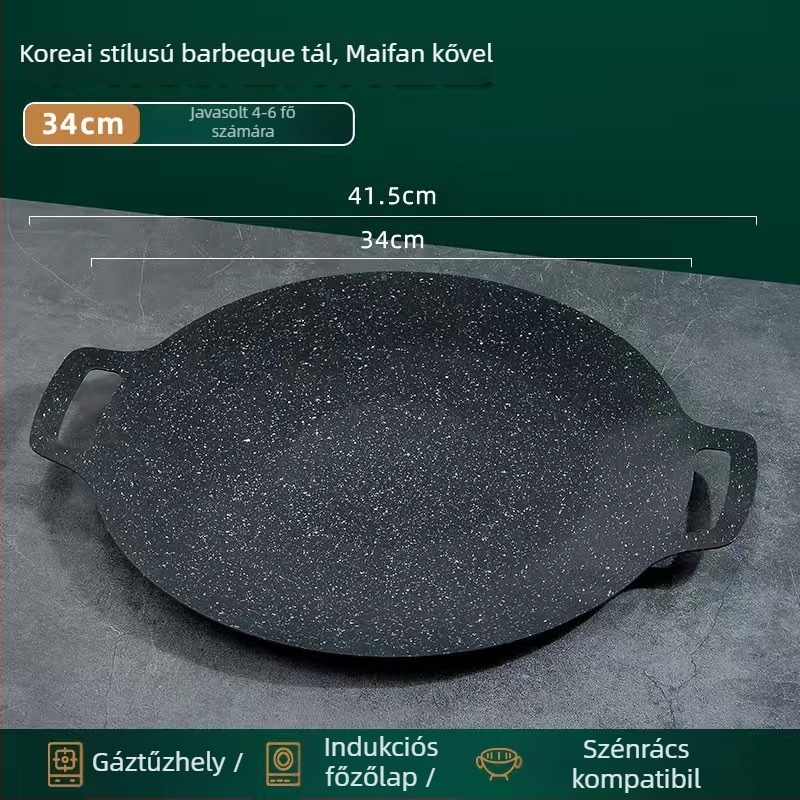 Maifan kő grill serpenyő, kerek, kültéri teppanyaki, füstmentes, 800 g
