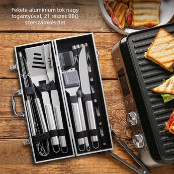 21 darabos rozsdamentes acél grillszerszám készlet kültéri használatra – multifunkcionális kemping grillszett (csipesz, kefe, villa, lapát)
