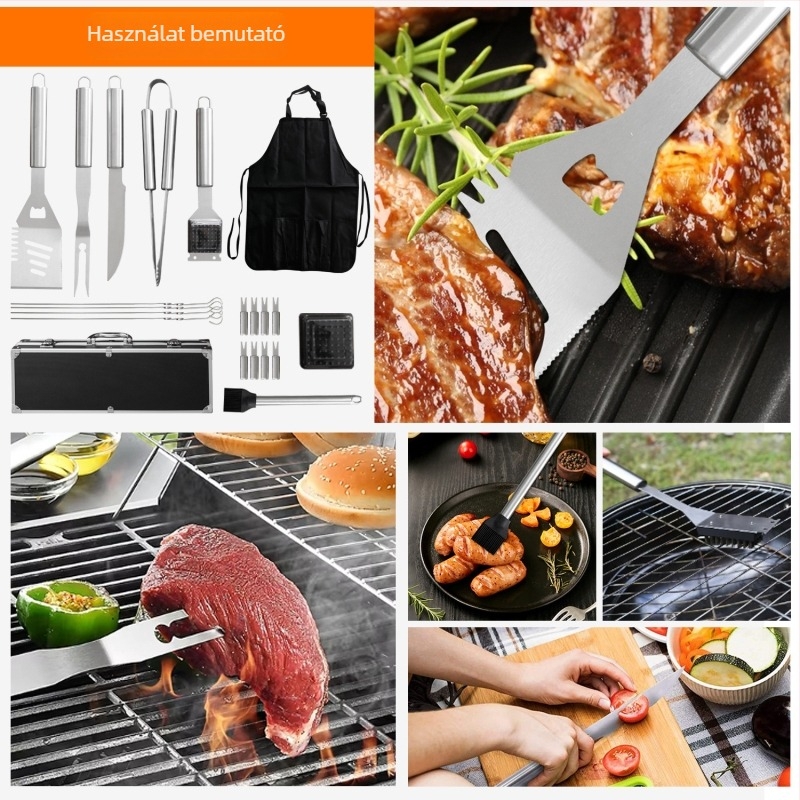 21 darabos rozsdamentes acél grillszerszám készlet kültéri használatra – multifunkcionális kemping grillszett (csipesz, kefe, villa, lapát)