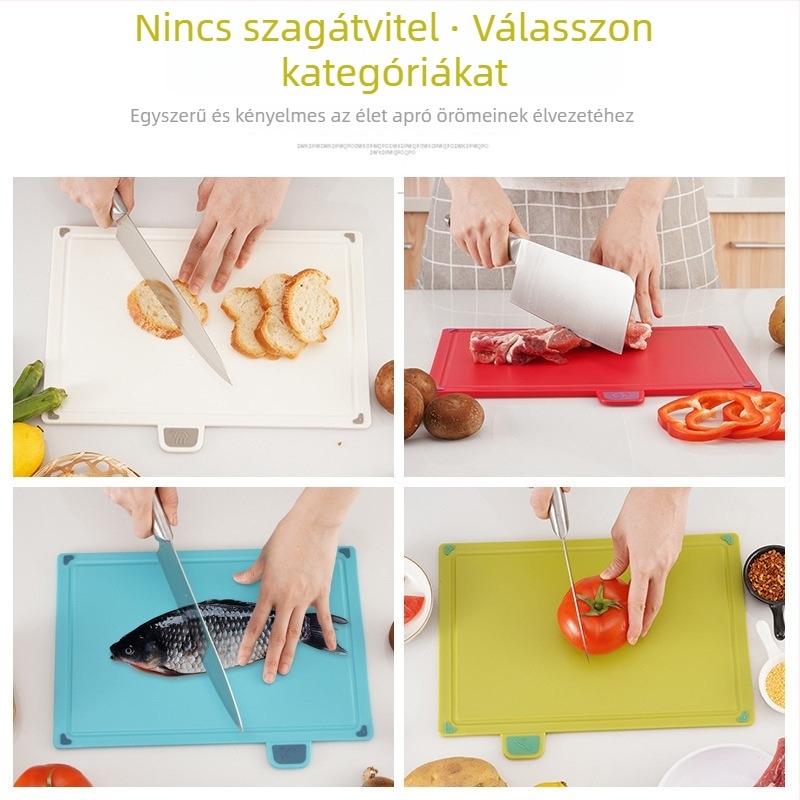 4 darabos műanyag vágódeszka készlet tárolóállvánnyal, kétoldalas és csúszásmentes