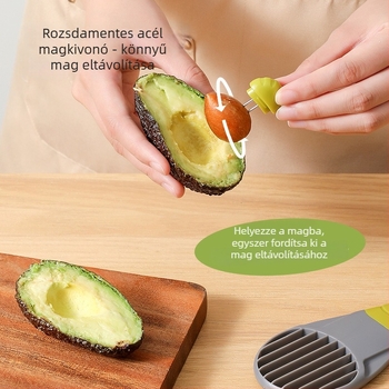 Három az egyben avokádó kés és gyümölcsvágó, mageltávolító és pulpa elválasztó (304 rozsdamentes acél + ABS + PC; KESSILER; Ningbo; bevezetés 2025.6)