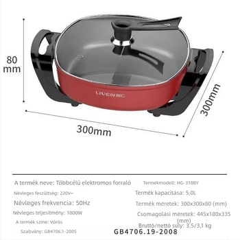 Indukciós forró fazék, 1200–1500W, 5–6L, belső tartály rozsdamentes acélból, száraz égés elleni védelem