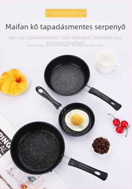 Maifan kőből készült tapadásmentes serpenyő, sík aljzattal, kis tojásos serpenyő, otthoni használatra, indukciós tűzhelyhez kompatibilis