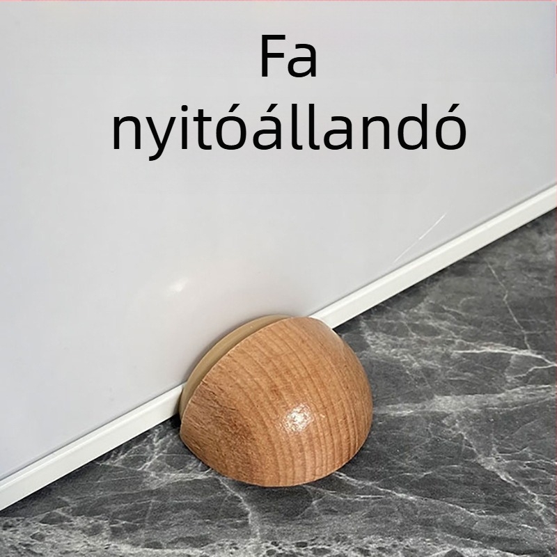 Kerek bükkfa ajtóstop, padlóra szerelt, polírozott felület, kézi működtetés, modern és letisztult stílus