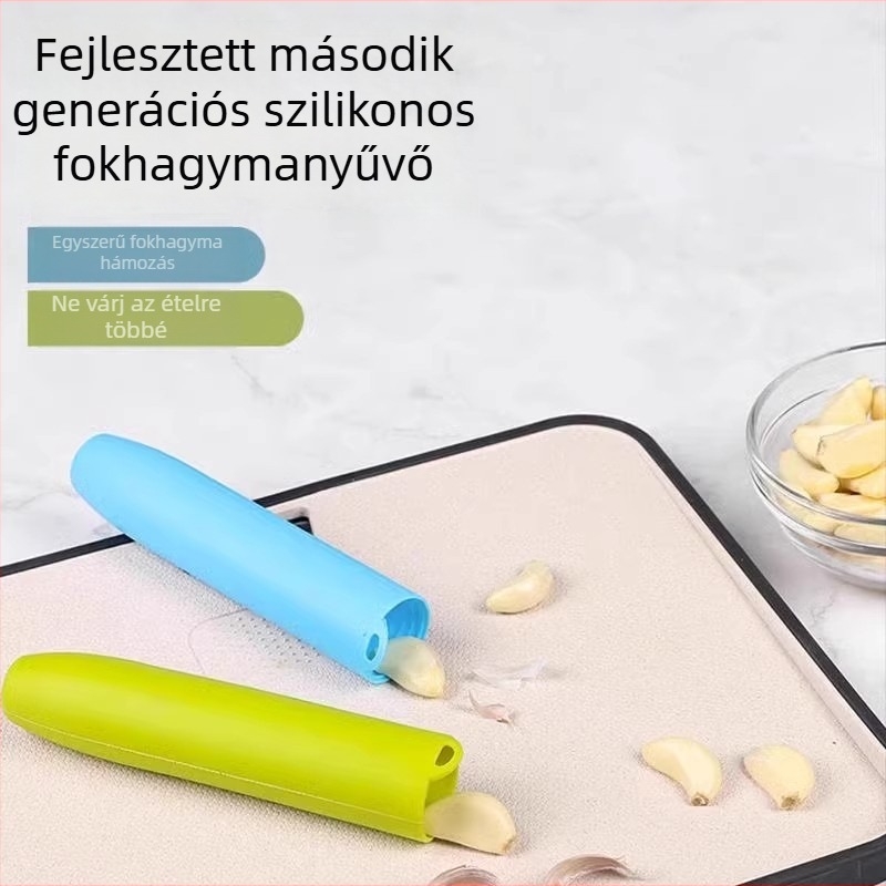 Szilikon fokhagyma hámozó eszköz zárt alappal a fokhagyma gerezdjeinek hámozására és összenyomására